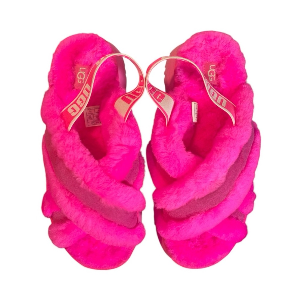 UGG Disco Cross Slide Hot Pink Shearling Platform Sandals 9